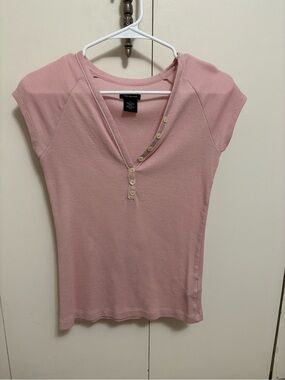 Calvin Klein Jeans Pink Ribbed Fitted Henley Top Y2K Everyday Woman Medium